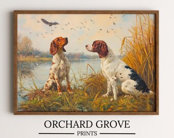 Caccia alle anatre Uccelli Cani Pittura a olio vintage Cane da caccia Paesaggio Cacciatore Arte Cane da caccia Decorazione murale Stampa a tema di caccia di campagna 227