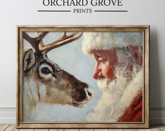 Print kerstman, vintage kerstkunst aan de muur, gezellig rustiek vakantiedecor, kunst kerstman herten, kunst aan de muur kerstman, kunst aan de muur rendieren 465