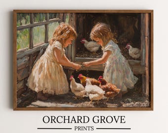 May include: Two young girls in white dresses feed chickens in a coop. The coop has a wooden frame and a dirt floor. The girls are smiling and the chickens are pecking at the ground.