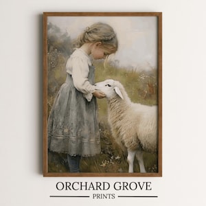 Sheep Girl Wall Art Sheep Print Cottagecore Wall Art Moody Farmhouse Art Children Animals Art Light Academia Decor Farm Animal Art 218