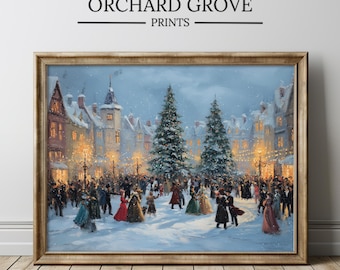 Victorian Christmas Town Print, Vintage Holiday Wall Art, Festive Winter Scene, Christmas Tree Print, Winter City Digital Download Art 461