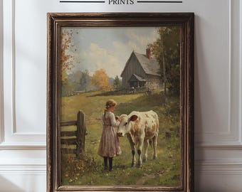 May include: Framed print of a pastoral scene featuring a young person in a pink dress petting a cow in a field. A wooden fence and a barn are in the background. The print is labeled "ORCHARD GROVE PRINTS" at the top.