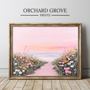 Pink Wildflower Beach Landscape Print Soft Coastal Spring Wall Art Floral Pastel Room Decor Pink Aesthetic Digital Wildflower Art 307