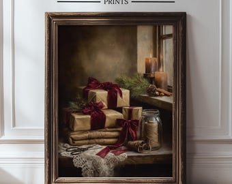 May include: Framed print with the text "ORCHARD GROVE PRINTS." The artwork shows wrapped gifts with burgundy bows, candles, and a jar of twine. The scene is set on a wooden surface with a window in the background.