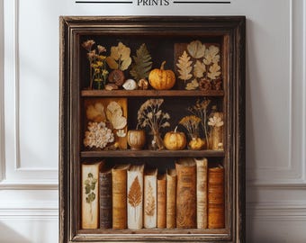 Arte mural de estantería otoñal, decoración imprimible acogedora de otoño de Dark Academia, decoración de libros de brujas, impresión de libros de otoño, arte mural de libros de Halloween 364