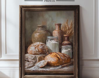 Art de cuisine de ferme, impression de nature morte de pain, décoration murale de cuisine de campagne, peinture de ferme, impression de levain, art mural de style campagnard 568