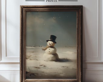 Lámina vintage de muñeco de nieve, arte navideño rústico para pared de casa de campo, lámina antigua de paisaje invernal, decoración de muñeco de nieve, arte de pared invernal, Navidad 533