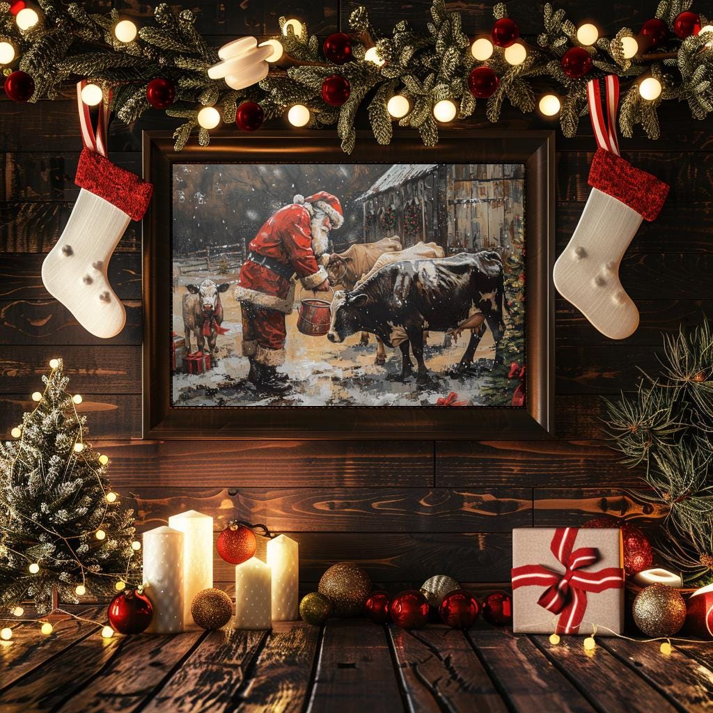 Santa Farm Print Santa Cows Cow Christmas Art Cute Cow Printable ...