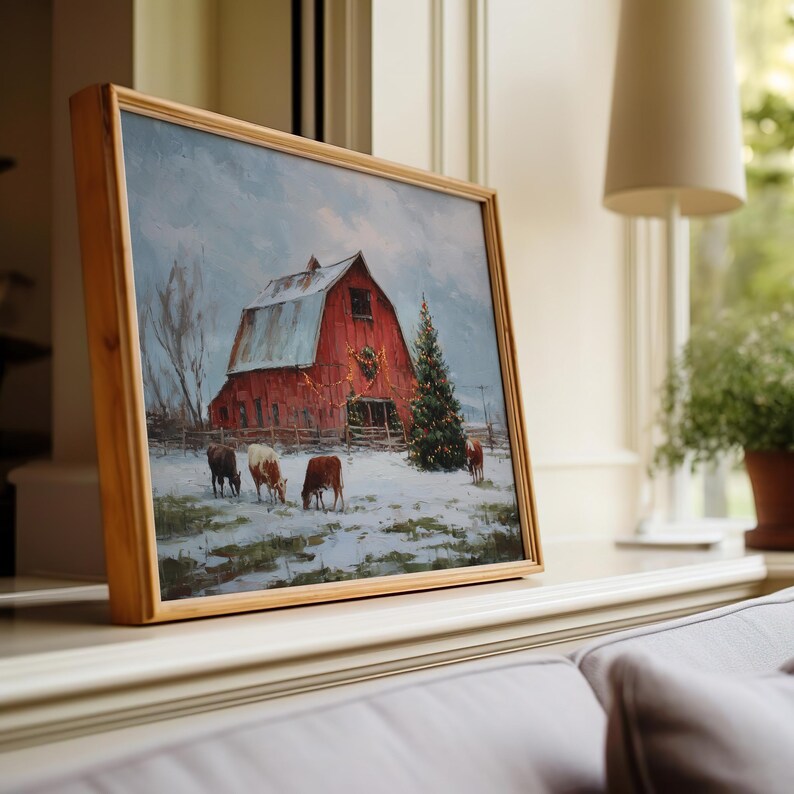 Rustic Red Barn Christmas Print, Farmhouse Winter Wall Art, Holiday Cow ...