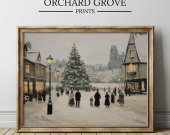 Victorian Christmas Town Print, Snowy Winter Scene (Digital Download)