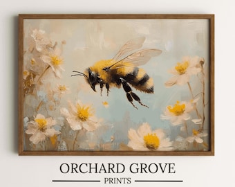 Hummel Ölgemälde Biene Wildblumen Druck Biene Blumendruck Honigbiene Druck Bienen Kunstwerk Frühlingsblume Bienen Kunst Daisy Bee Kunst Druckbare 236