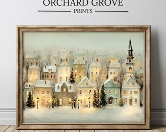 Christmas Village Wall Art, Cozy Winter Town Print, Farmhouse Holiday Decor, Scandinavian Christmas Art, Vintage Festive Print, Xmas 476