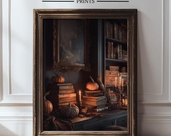 Pumpkin Books Dark Academia print, Witchy Gothic Wall Art, gezellig Halloween Home decor, leesgrage herfstbibliotheek print, Halloween decor 392