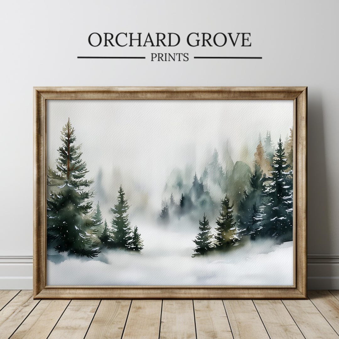 Snowy Pine Forest Print, Farmhouse Christmas Wall Art, Winter Landscape ...