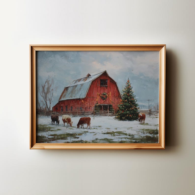 Rustic Red Barn Christmas Print, Farmhouse Winter Wall Art, Holiday Cow ...