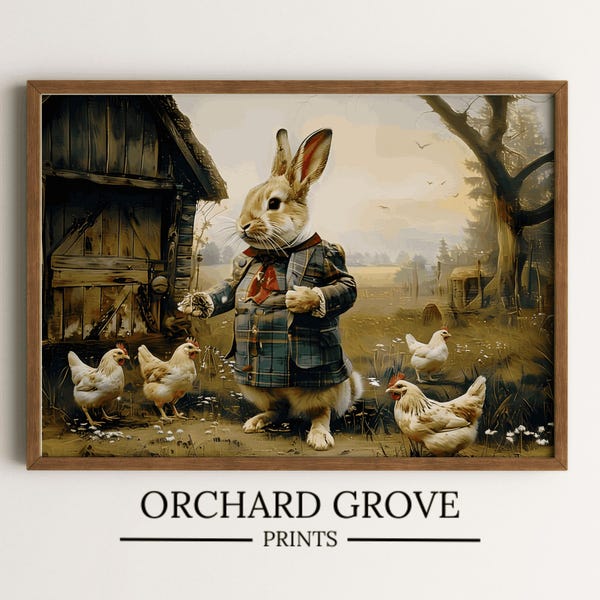 Cute Easter Bunny Chickens Art Easter Print Easter Wall Art Spring Print Easter Bunny Farm Spring Decor Cottagecore Print Academia Decor 211