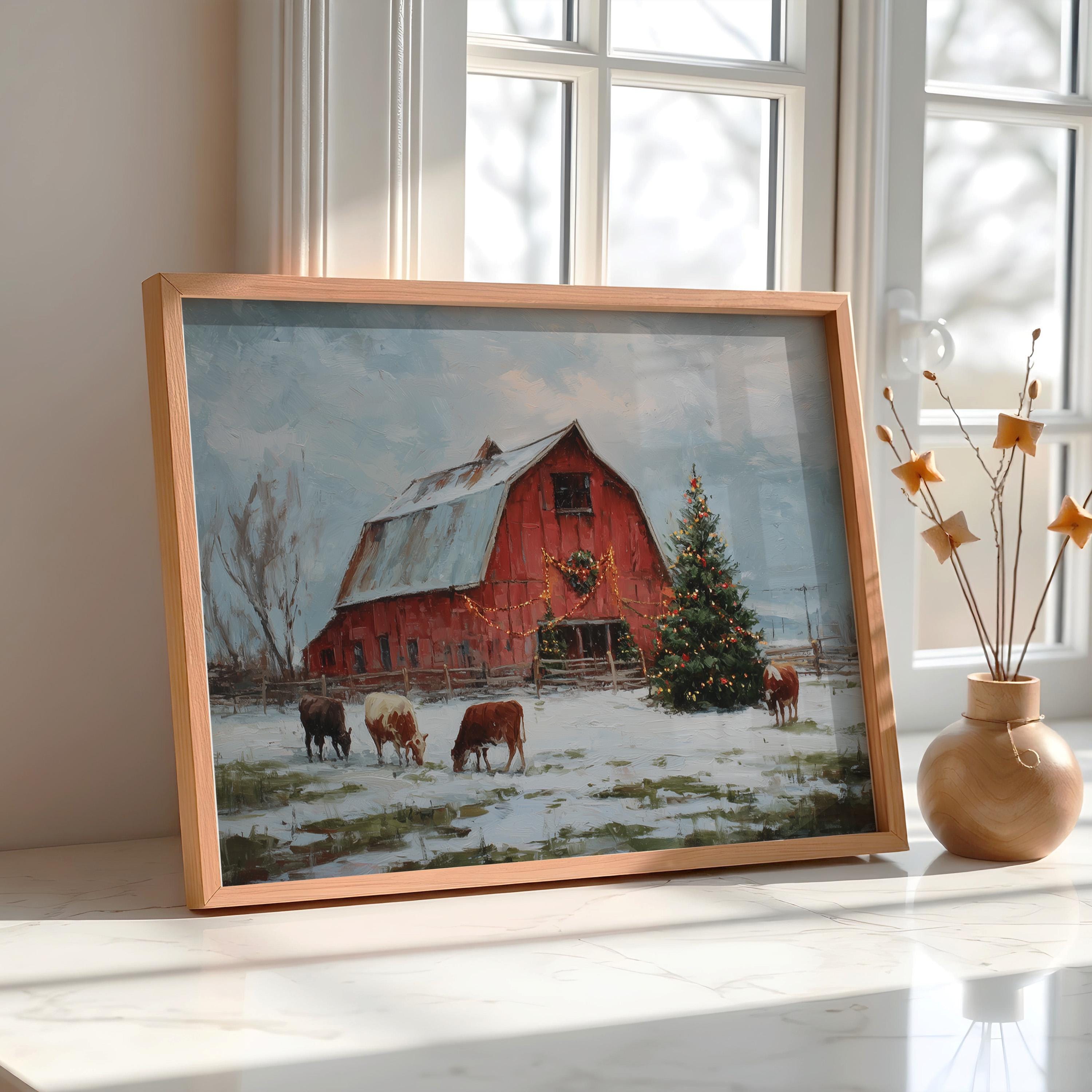 Rustic Red Barn Christmas Print, Farmhouse Winter Wall Art, Holiday Cow ...