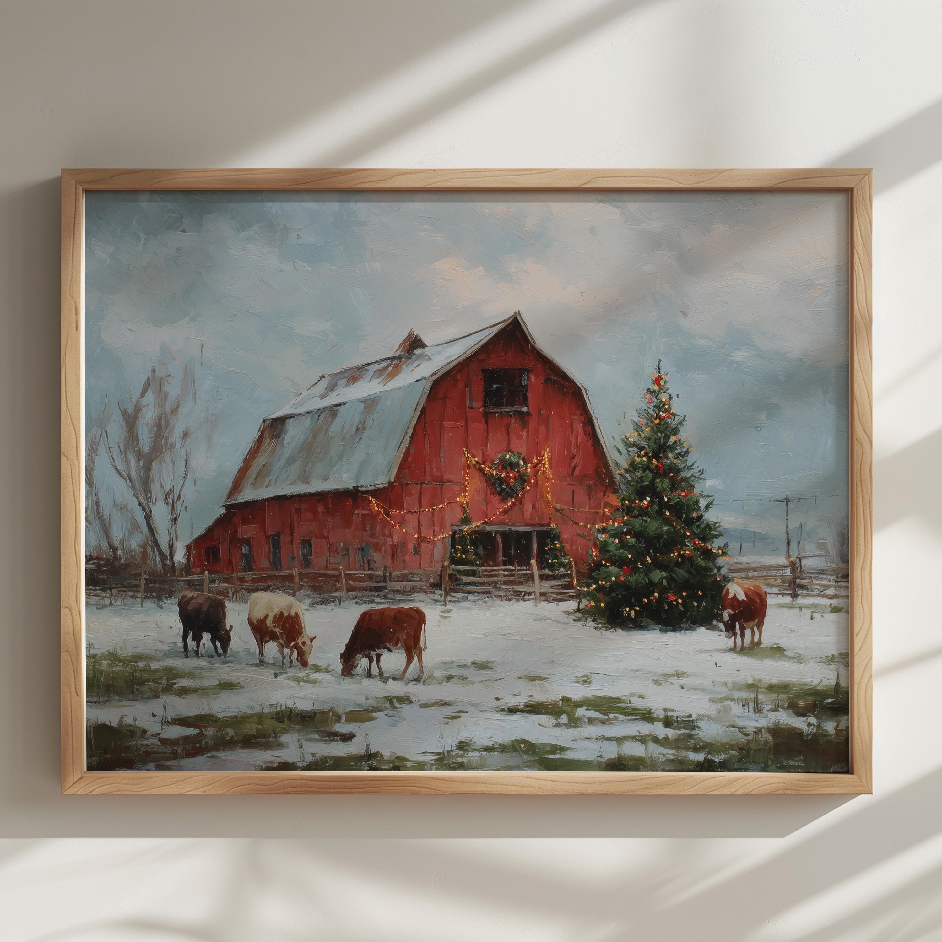 Rustic Red Barn Christmas Print, Farmhouse Winter Wall Art, Holiday Cow ...