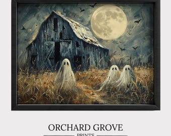 Cute Ghosts Haunted Halloween Farmhouse Spooky Barn Painting Vintage Wall Art Country Cottage Rustic Fall Decor PRINTABLE 170