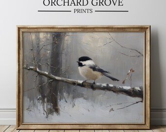 Winter Chickadee Print, Rustic Bird Wall Art, Farmhouse Christmas Nature Decor, Winter Bird Art, Bird Decor, Winter Animal Print 541