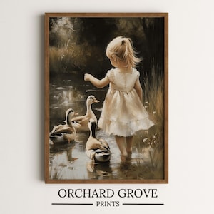 Duck Girl Mallard Duck Art Duck Pond Print Children Duck Farmhouse Art Mallard Duck Painting Cozy Country Art Cozy Farmhouse Painting 268