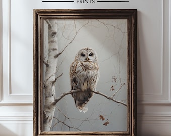 Moody Owl Wall Art, Rustic Owl Print, Birch Tree Art, Neutral Cottagecore Animal Decor, Farmhouse Owl Painting, Winter Bird Wall Art 400