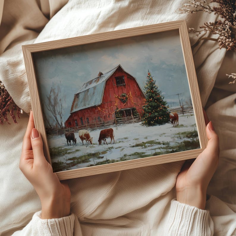 Rustic Red Barn Christmas Print, Farmhouse Winter Wall Art, Holiday Cow ...
