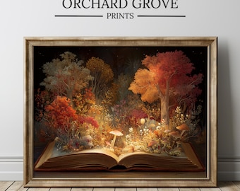 May include: A framed print featuring a fantasy scene of a forest emerging from an open book. The artwork showcases vibrant autumn colors, with red, orange, and yellow trees, mushrooms, and glowing details. The text "ORCHARD GROVE PRINTS" is at the top.