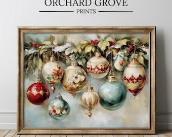 Boerderij kerst ornament kunst aan de muur, vintage vakantie kerstbal print, rustieke winterdecoratie, gezellige kerst afdrukbare muur decor, xmas 459