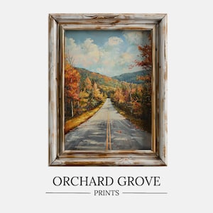 秋の紅葉ハイウェイウォールアート 秋の道路プリント 州間高速道路旅行油絵 山道の木々 デジタルプリント 印刷可能 149