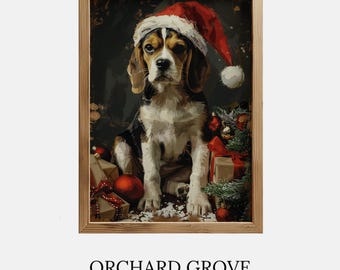 Christmas Dog Wall Art Print Santa Dog Painting Christmas Beagle Christmas Puppy Christmas Holiday Decor Santa Pet Art 185