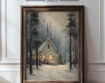 May include: Framed print of a snow-covered church in a winter forest scene. The artwork features a white church with a steeple, surrounded by tall trees and a snowy path. The frame is a dark brown color, and the text "ORCHARD GROVE PRINTS" is at the top.
