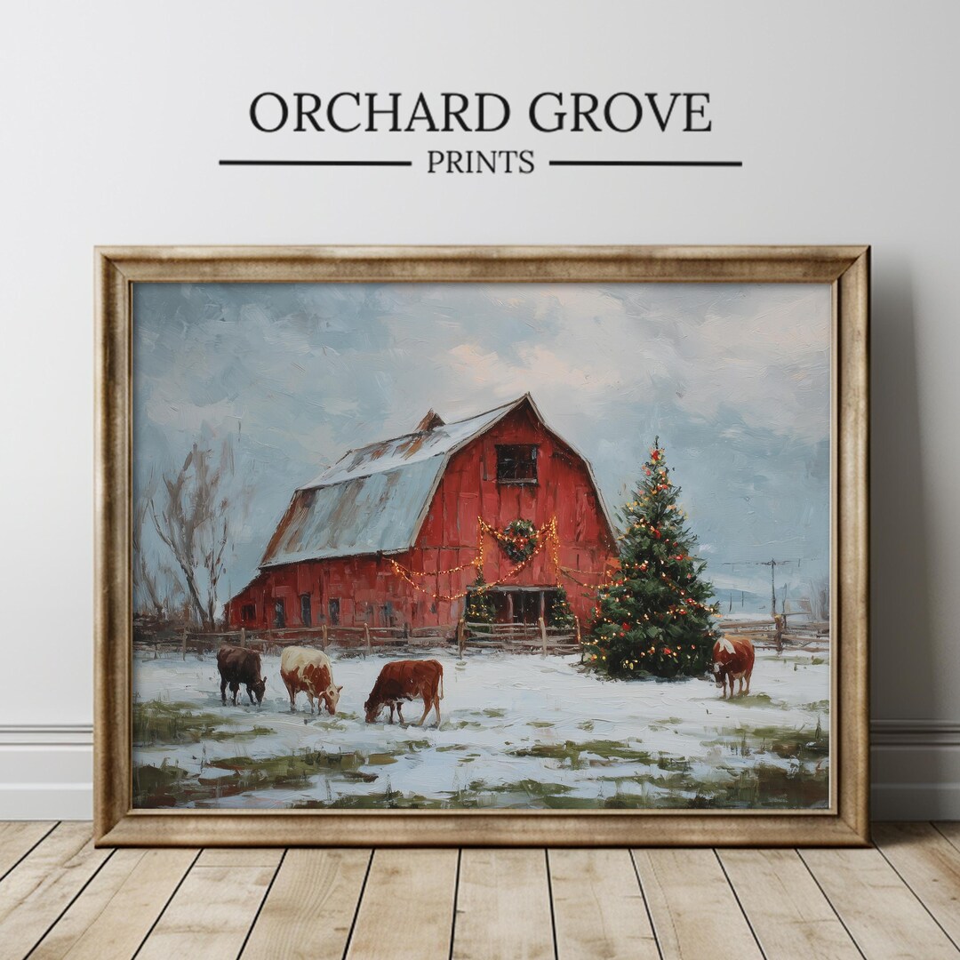 Rustic Red Barn Christmas Print, Farmhouse Winter Wall Art, Holiday Cow ...