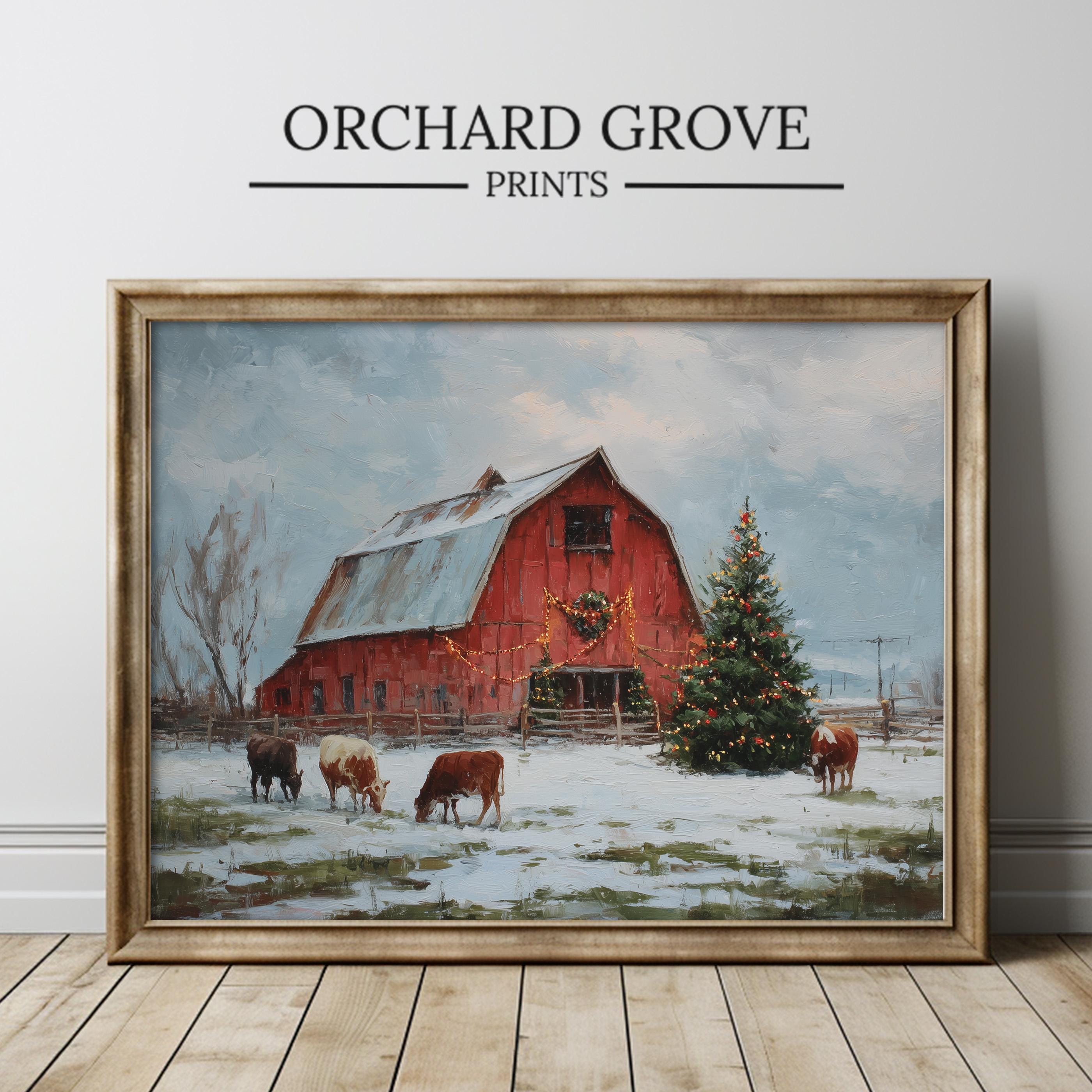 Rustic Red Barn Christmas Print, Farmhouse Winter Wall Art, Holiday Cow ...