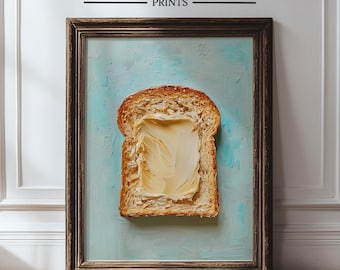 Lámina artística vintage de tostada con mantequilla para cocina: bodegón con empasto, decoración de pared para un desayuno acogedor, arte rústico con comida, decoración de cocina con mantequilla 573