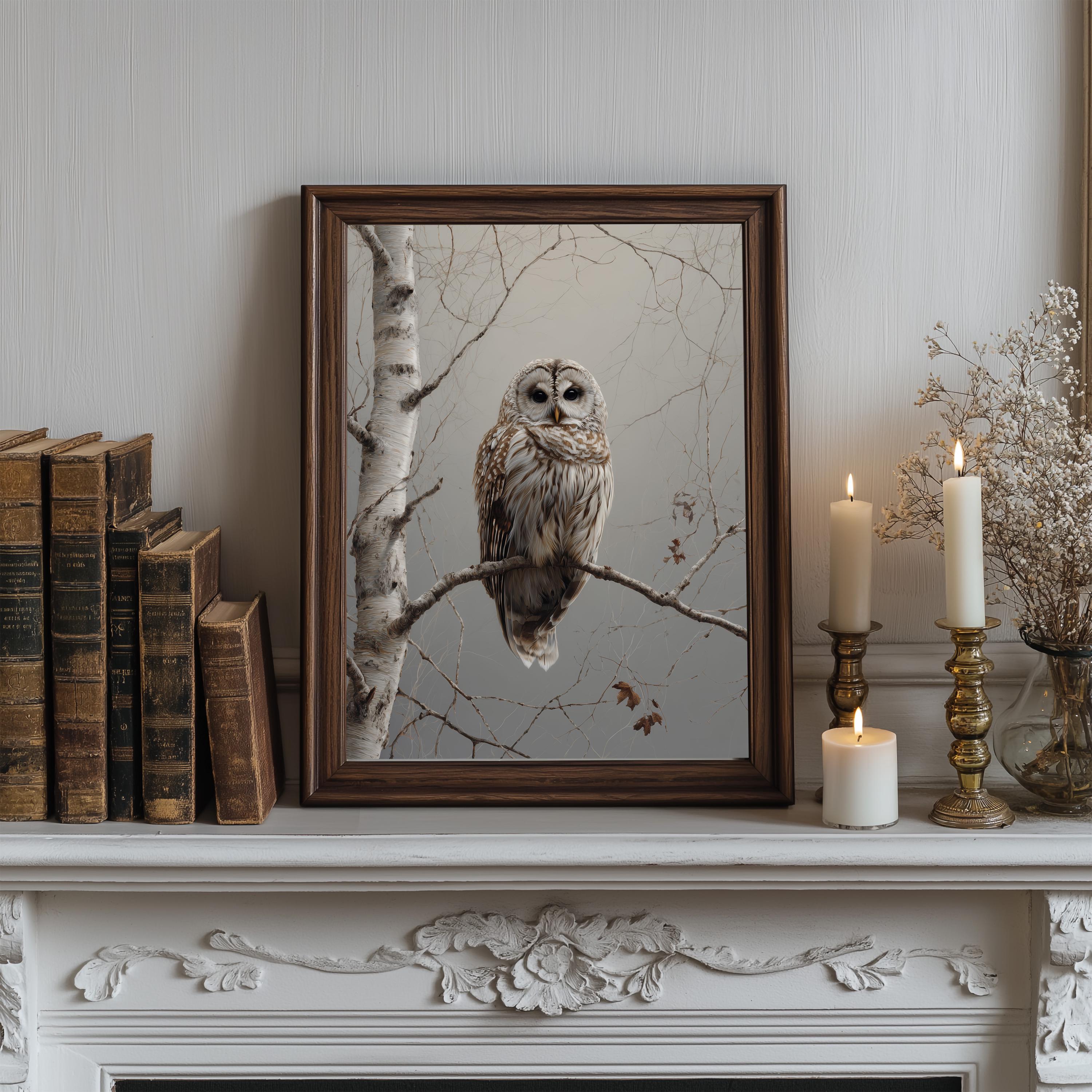 Rustic Owl Moody Owl Wall Art, Rustic Owl Print, Birch Tree Art, Neutral ...