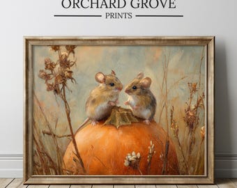 Art citrouille de souris de ferme, art mural imprimable automne vintage, décoration d'Halloween rustique, peinture automne pays mignon, art mural souris des champs 351
