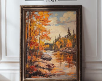 Pintura de bosque otoñal, arte mural con hojas de otoño, arte de hojas de otoño, escena de paisaje otoñal, pintura de paisaje otoñal, impresión otoñal, arte mural 321