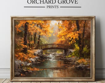 Impresión de paisaje de puente otoñal, pintura vintage de bosque otoñal, arte mural rústico de otoño, decoración natural estilo cottagecore, hojas de otoño 390