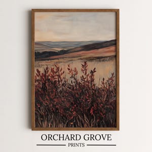 Dark Moody Maroon Landscape Print Moody Wildflower Painting Moody Red Landscape Art Print Dark Wildflower Print Dark Pastoral Scene 241