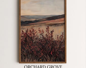 Dark Moody Maroon Landscape Print Moody Wildflower Painting Moody Red Landscape Art Print Dark Wildflower Print Dark Pastoral Scene 241