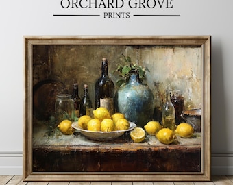 Lemon Oil Painting Print, Vintage Kitchen Still Life (Digital Download)