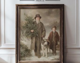 Vintage kerstboom print, rustieke winter kunst aan de muur, decor oude wereld vakantie, gezellige antieke kerst schilderij, boerderij print, xmas 478