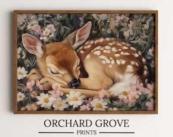 Fawn Wildflowers Coquette Print Spring Flowers Printable Wall Art Baby Deer Flowers Art Woodland Animal Painting Floral Spring Decor 231