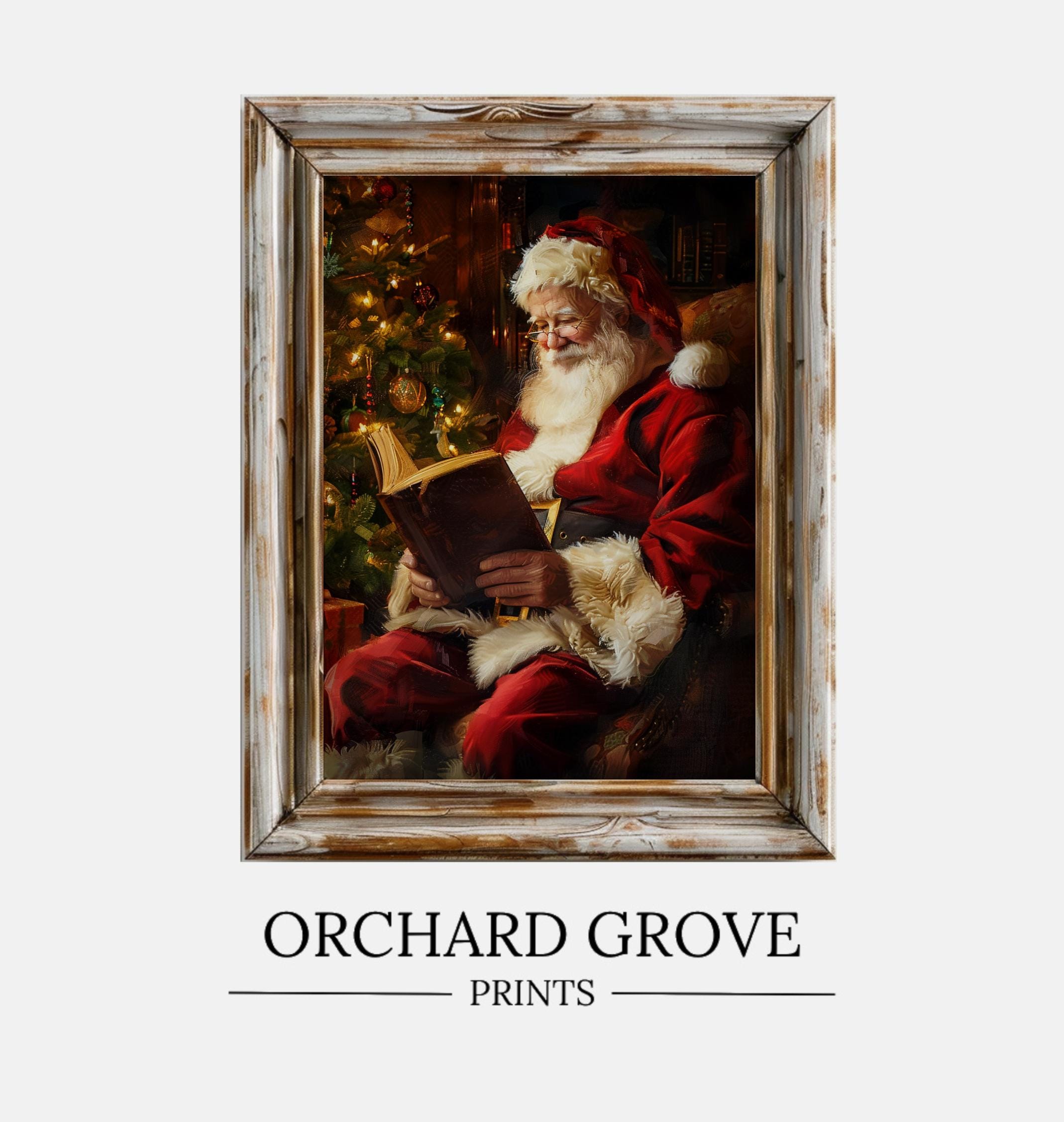サンタの読書本プリント ヴィンテージ クリスマス ウォールアート