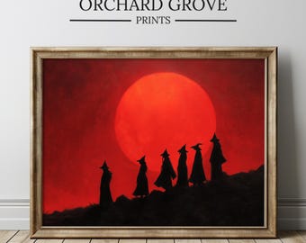 Blood Moon Witch Art Print, Witchcore Dark Fantasy Wall Art, Gothic Harvest Moon Print, Halloween Witchy Decor, Red Moon Art, Spooky Art 379