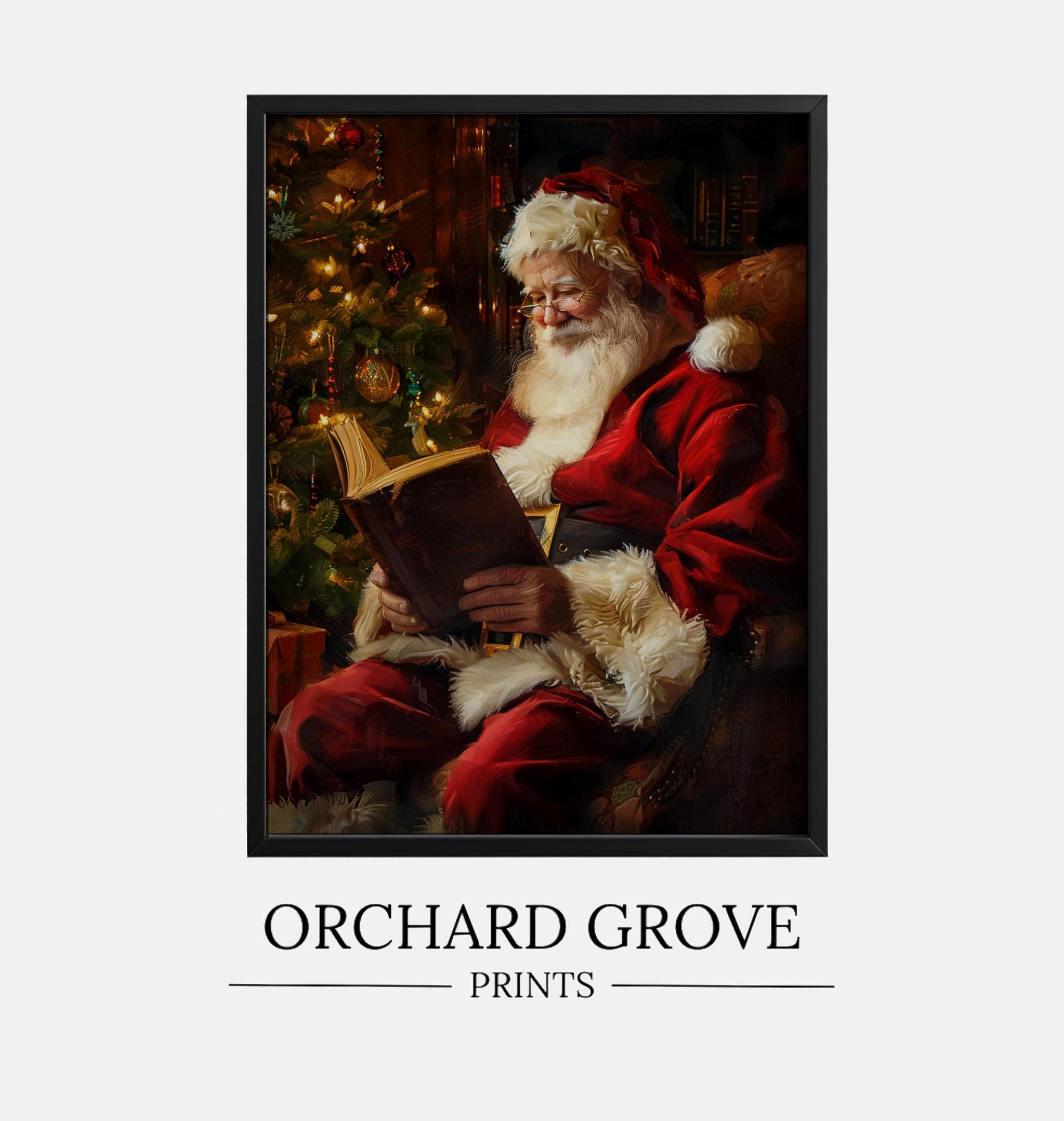 サンタの読書本プリント ヴィンテージ クリスマス ウォールアート