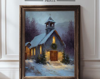 Kerstkerk print, rustieke winter kunst aan de muur, vintage vakantie decor, gezellige kerstkunst, seizoensgebonden boerderij print, winter kerk kunst 439