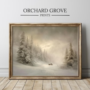 May include: Framed print depicting a snowy winter scene with trees and a horse-drawn carriage on a path. The artwork is in a gold frame and includes the text "ORCHARD GROVE PRINTS" at the top.