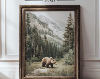 Vintage beer print, berglandschap kunst aan de muur, rustieke hut bos dieren in het wild decor, grizzlybeer kunst, nationaal park print, Bear Art 535